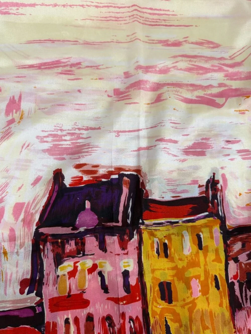 100% Silk Scarf Watercolor Cityscape Print Pink Purple Artsy 62x16 Lightweight